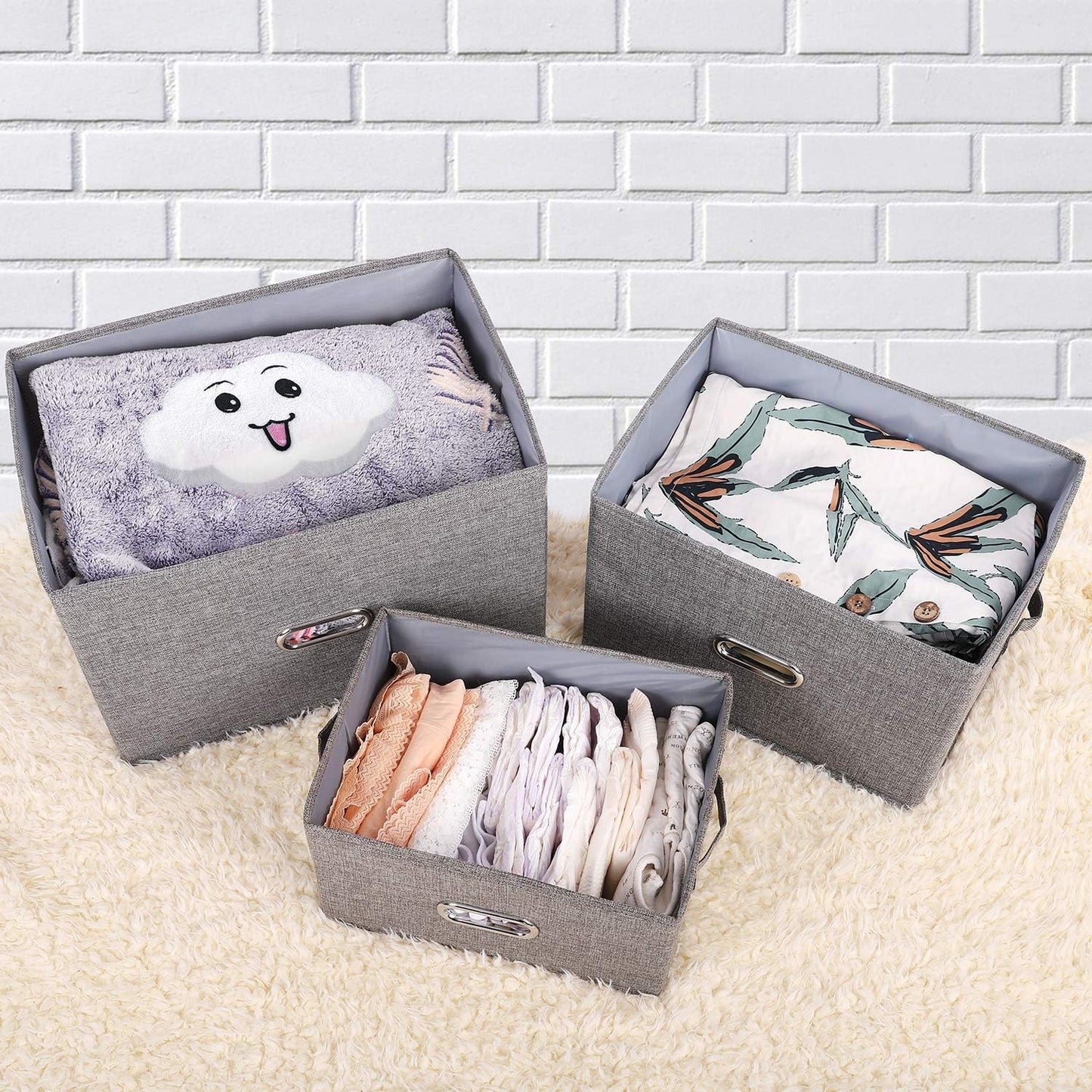 Large Linen Fabric Foldable Storage Bins with Removable Lid and Handles, Washable Storage Box Organizer Containers Baskets Cube with Cover for Bedroom,Closet,Office (Coffee, Large(2-Pack))