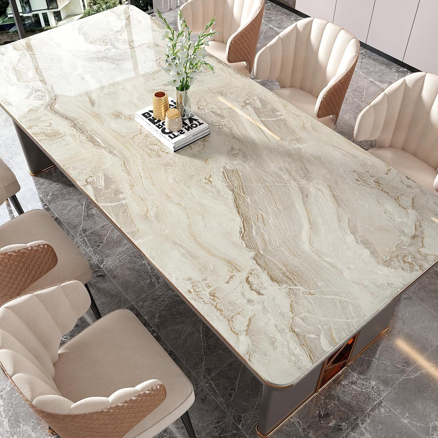 VEELIKE Glossy Beige Gold Marble Contact Paper for Countertops Waterproof Peel and Stick Countertop Contact Paper 24''x354'' Self Adhesive Vinyl Marble Wallpaper for Bathroom Kitchen Counter Top Cover