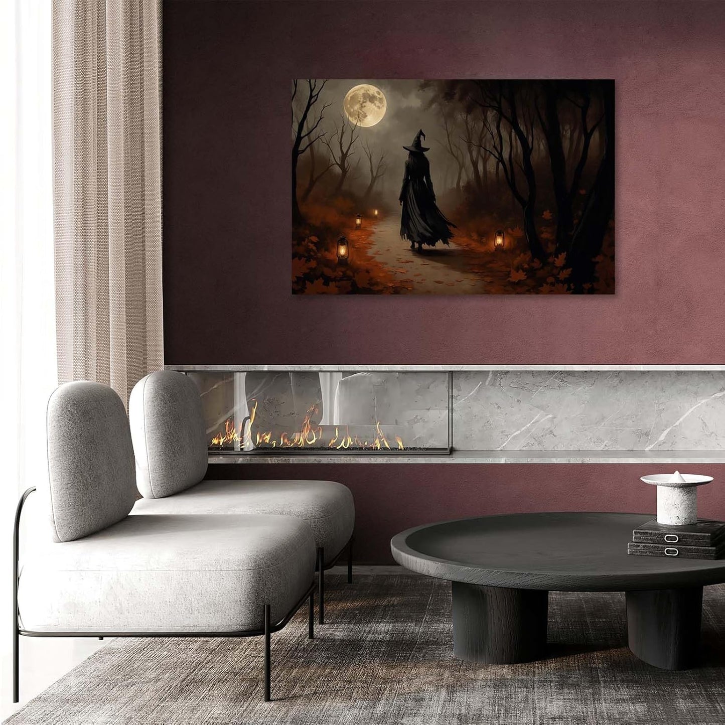 JFHCQJPK Moonlight witch poster dim lantern Halloween decoration Gothic style dark retro college style canvas wall art suitable for living room bedroom32x48in Frameless