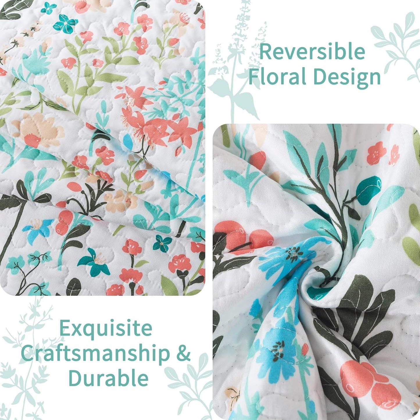 VAPUTAR King Size Quilt-3 Pieces Botanical Bedspread King Size (98 x 106 inch), Lightweight Coverlet Set with Garden Style Floral Pattern,Oversized Quilted Bedding Set with Shams for All Season