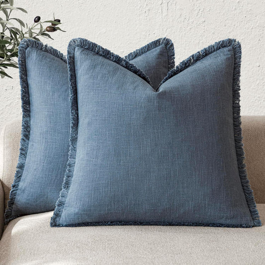 Foindtower Set of 2 Decorative Linen Fringe Throw Pillow Covers Cozy Farmhouse Cushion Cover with Tassels Accent Pillowcase for Couch Chair Sofa Bed Living Room Home Decor,22×22 Inch,Dark Blue