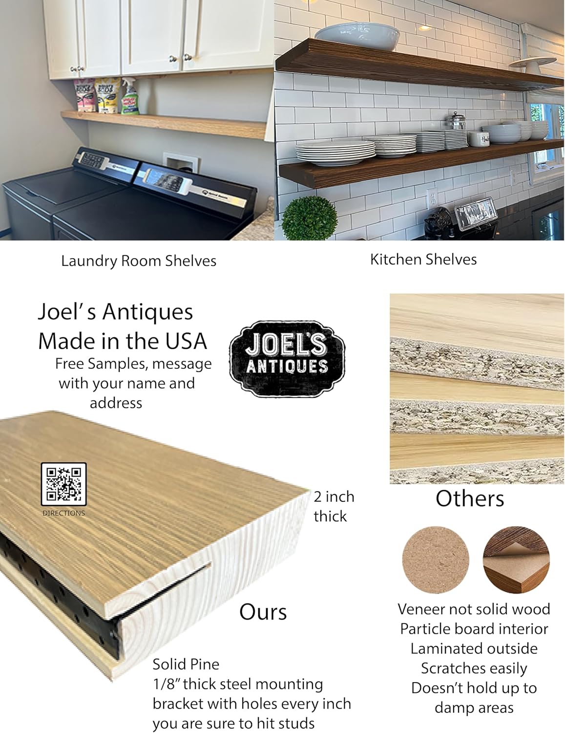 Joel's Antiques - 30 Inch Wooden Floating Shelves for Wall - 30x8x2 in - Made of Natural Wood - Heavy Duty Rustic Wall Shelves for Bedroom - Perfect for Living Room, Kitchen - Black