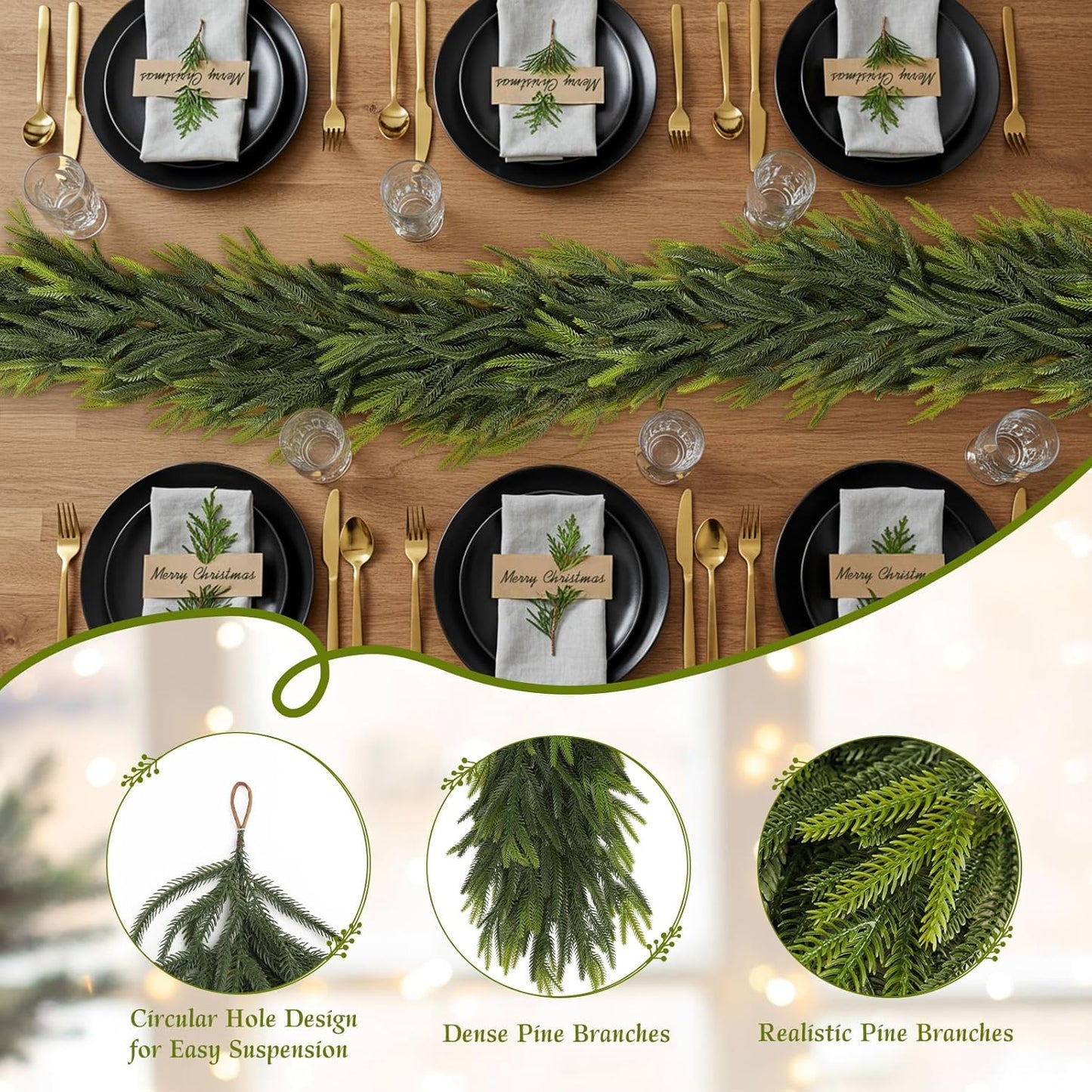 N&T NIETING 6FT Christmas Norfolk Pine Garland Real Touch Pine Artificial Faux Greenery Garlands Winter Christmas Garland for Table Mantle Fireplace Holiday Indoor Outdoor Xmas Decorations (1 Pcs)