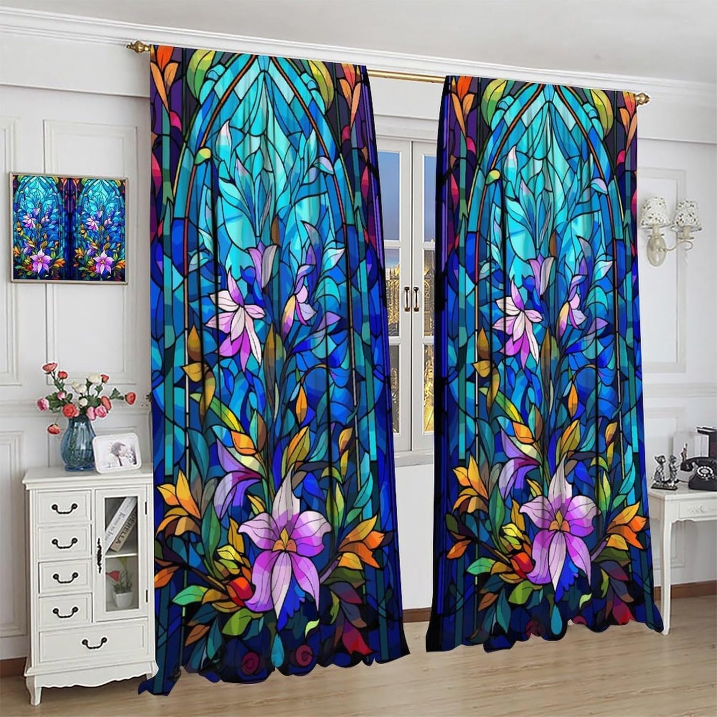 Stained Glass Curtains,Abstract Colorful Floral Geometric Art Home Decor Drapes for Bedroom Living Room Kitchen Window Treatment 2 Panels Set Total Size 63" W X 72" L Inch