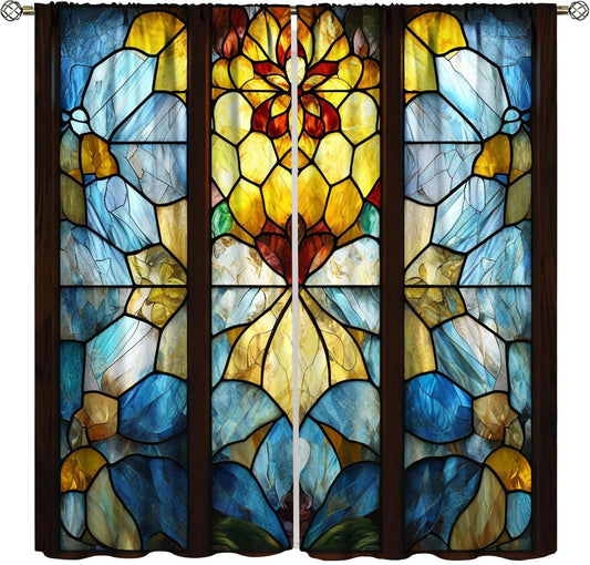 Stained Glass Curtains,Retro Abstract Colorful Art Home Decor Drapes for Bedroom Living Room Kitchen Window Treatment 2 Panels Set Total Size 52" W X 84" L Inch