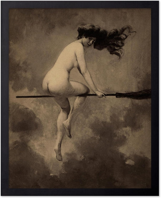 Poster Master Vintage Albert Joseph Penot Poster - Retro Halloween Print - Gift for Artist, Friend - Departure for the Sabbath, Naked Witch on Broom - Wall Decor for Bedroom, 11x14 Black Framed