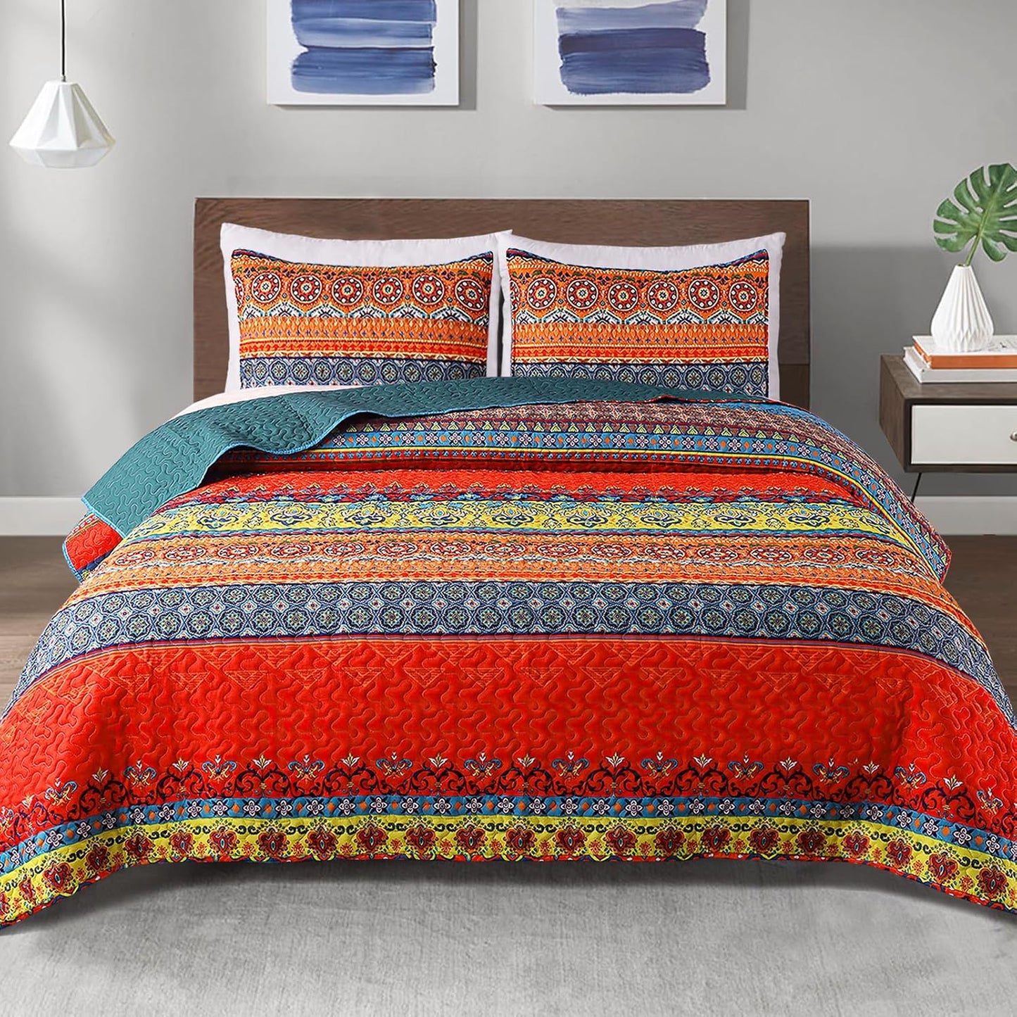 Exclusivo Mezcla Reversible Boho Quilt Set Twin Size, 2 Pieces Bohemian Blue All Season Bedspreads, Ultra Soft Floral Coverlet Bedding Set with Printed Pattern (1 Quilt, 1 Pillow Sham)