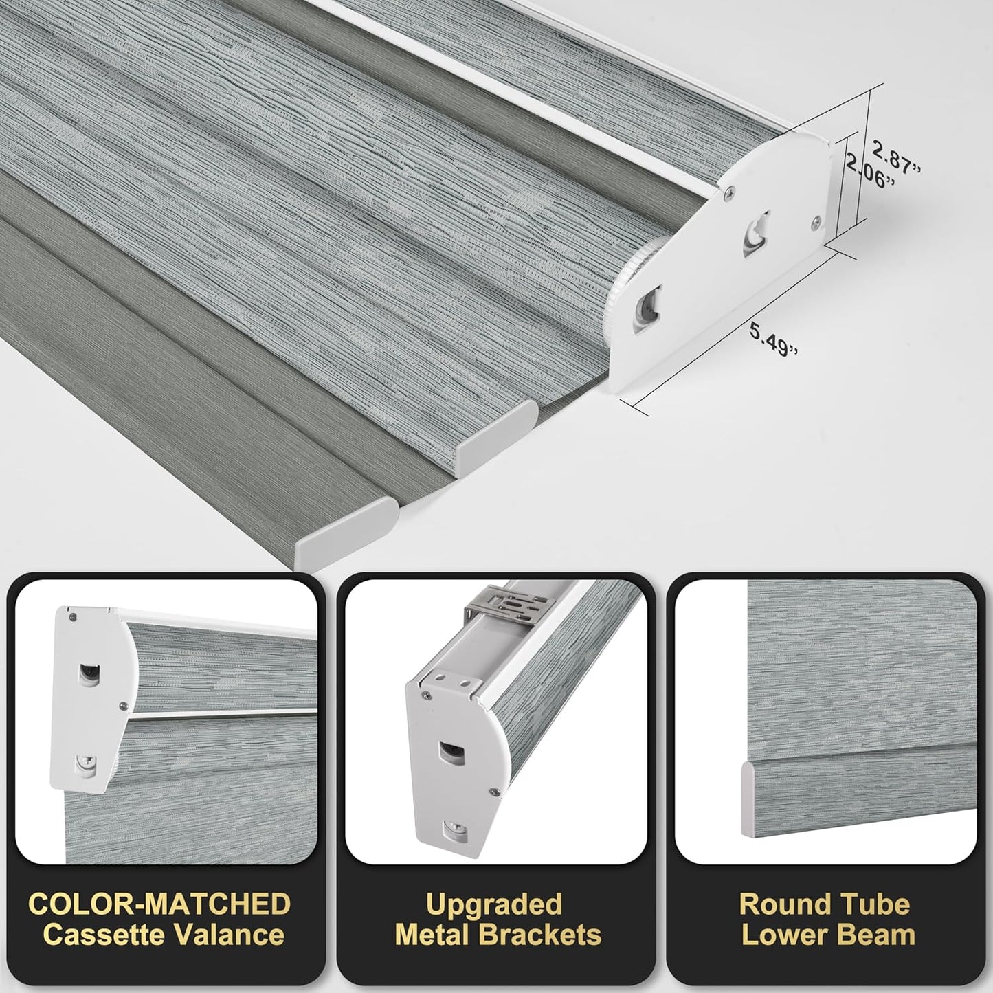 BERISSA Dual Roller Shades with Cassette Valance, Blackout and Light Filtering, Day and Night Shades for Home Office Door. Striped Jacquard Grey. 55 W x 72" H