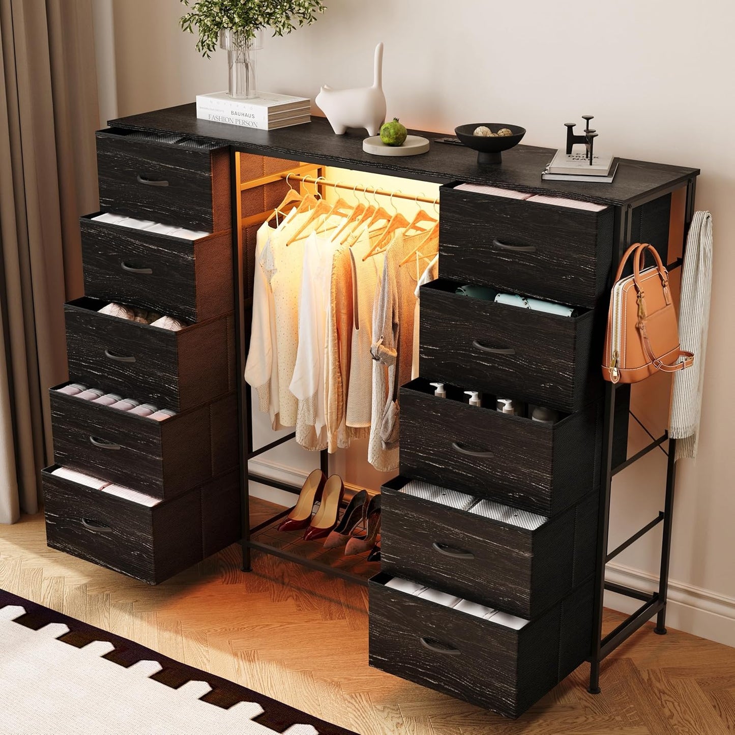 LUMTOK 55" W 2-in-1 Dresser with Hanging Rack, 10 Drawers Dresser for Bedroom,Dressers with Fabric Drawers,LED Lights, Charging Station and Hanging Racks for Bedroom