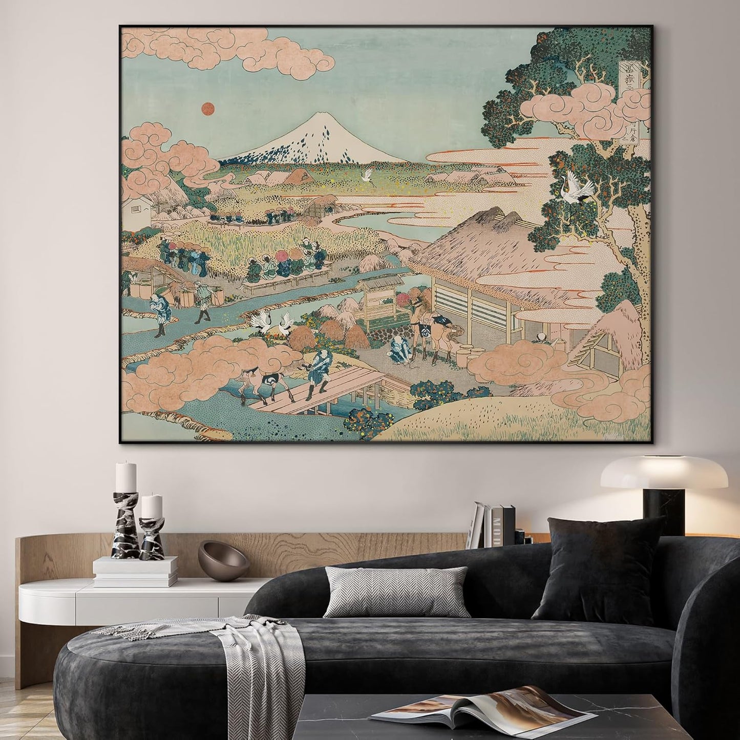 SIGNWIN 36"x46" Extra Large Framed Wall Art Japanese Ukiyo-e Landscape, Timeless Mt. Fuji Scene for Zen-Inspired or Asian-Style Interiors for Home Living Room Bedroom Decor (Frame Assembly Required)