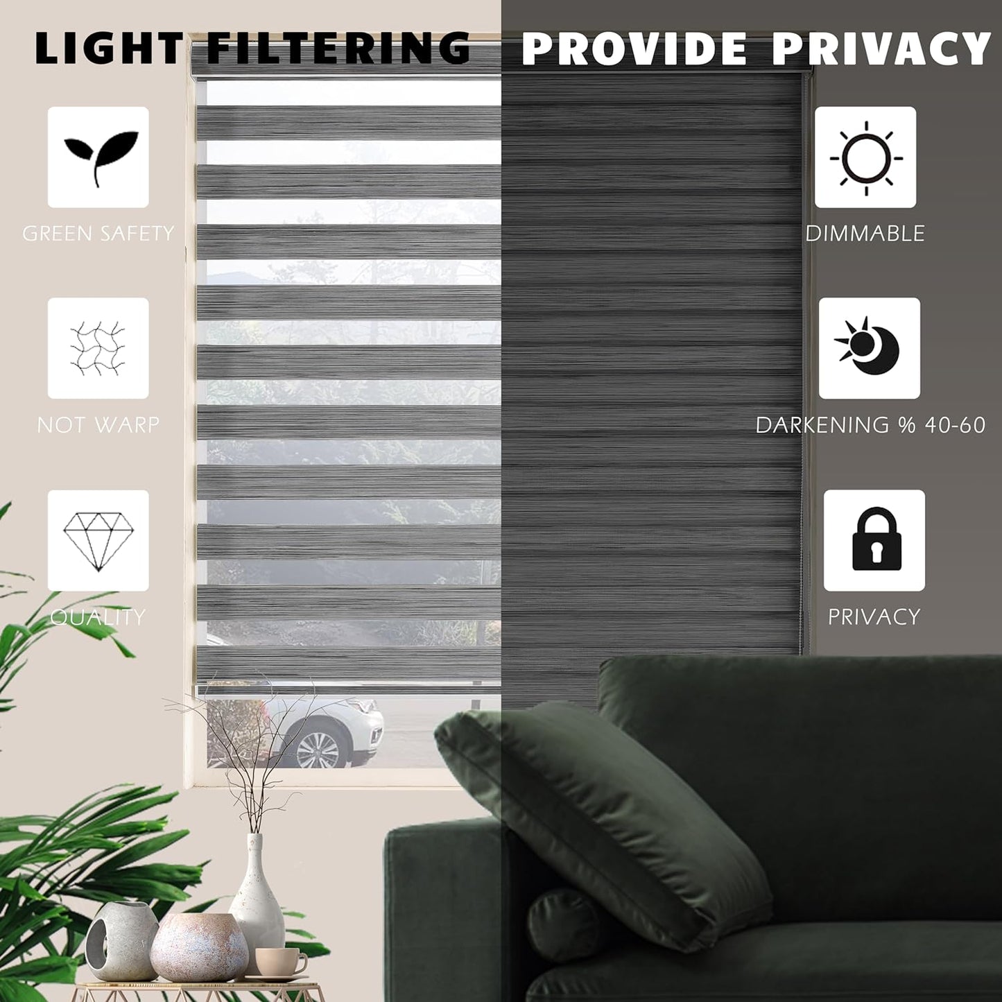 Zebra Blinds Window Blind Zebra Shade Blinds for Windows Roller Sheer Shades Privacy Light Filtering Shades for Home Kitchen Bathroom (Width 44'' X Height 72'' Grey)
