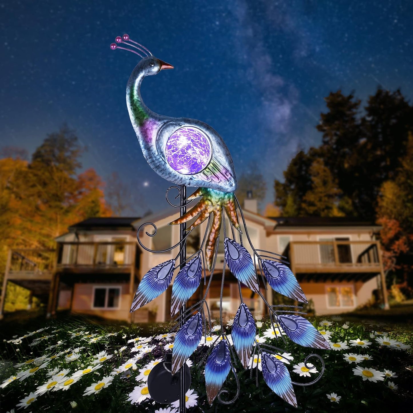 TERESA'S COLLECTIONS Solar Garden Lights Outdoor Garden Decor, Metal Peacock Decorations for Yard, 33'' Purple Decorative Garden Stake for Outside with Crackle Glass Ball, Lawn Party Gifts for Mom