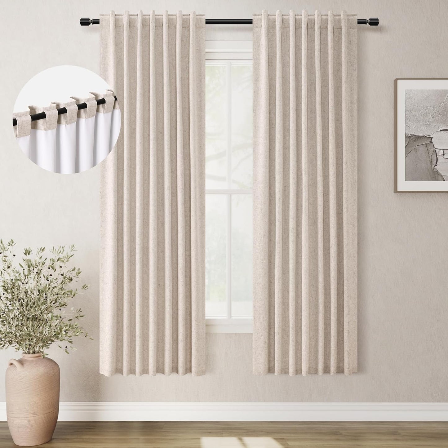 BOODII Oatmeal Linen Black Out Curtains 72 Inch Long 2 Panels Set for Bedroom Light Blocking Curtains Greige with 100% Blackout Backing Warm Taupe Thermal Insulated Room Darkening Nursery Curtain