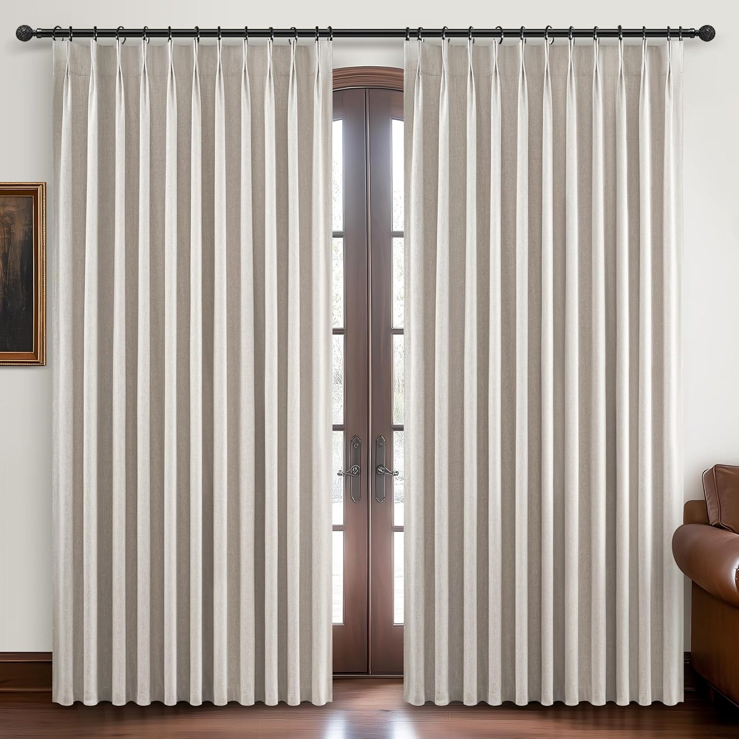 Pinch Pleated Blackout Curtains 70 Inches Wide for Living Room, Room Darkening Linen Blend Tan Viral Large Window Curtains for Bedroom Thermal Soundproof Natural Drapes 70"W x 96"L x 2Panels