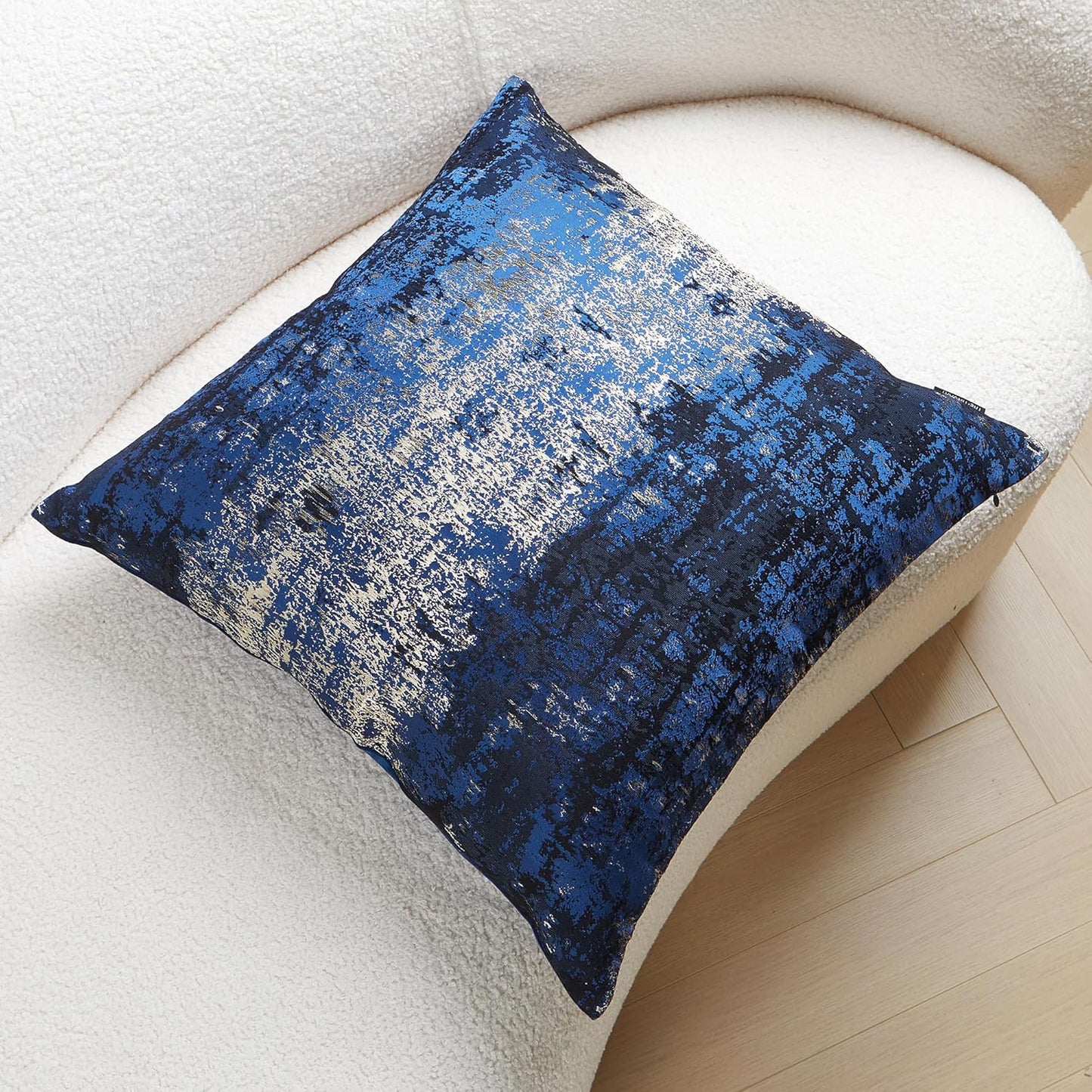 THE-TINOART Navy Gold Jacquard Pillow Cover 22x22 - Reversible Design with Gold Thread Embroidery, Luxury Velvet Back for Sofa & Bed Decor