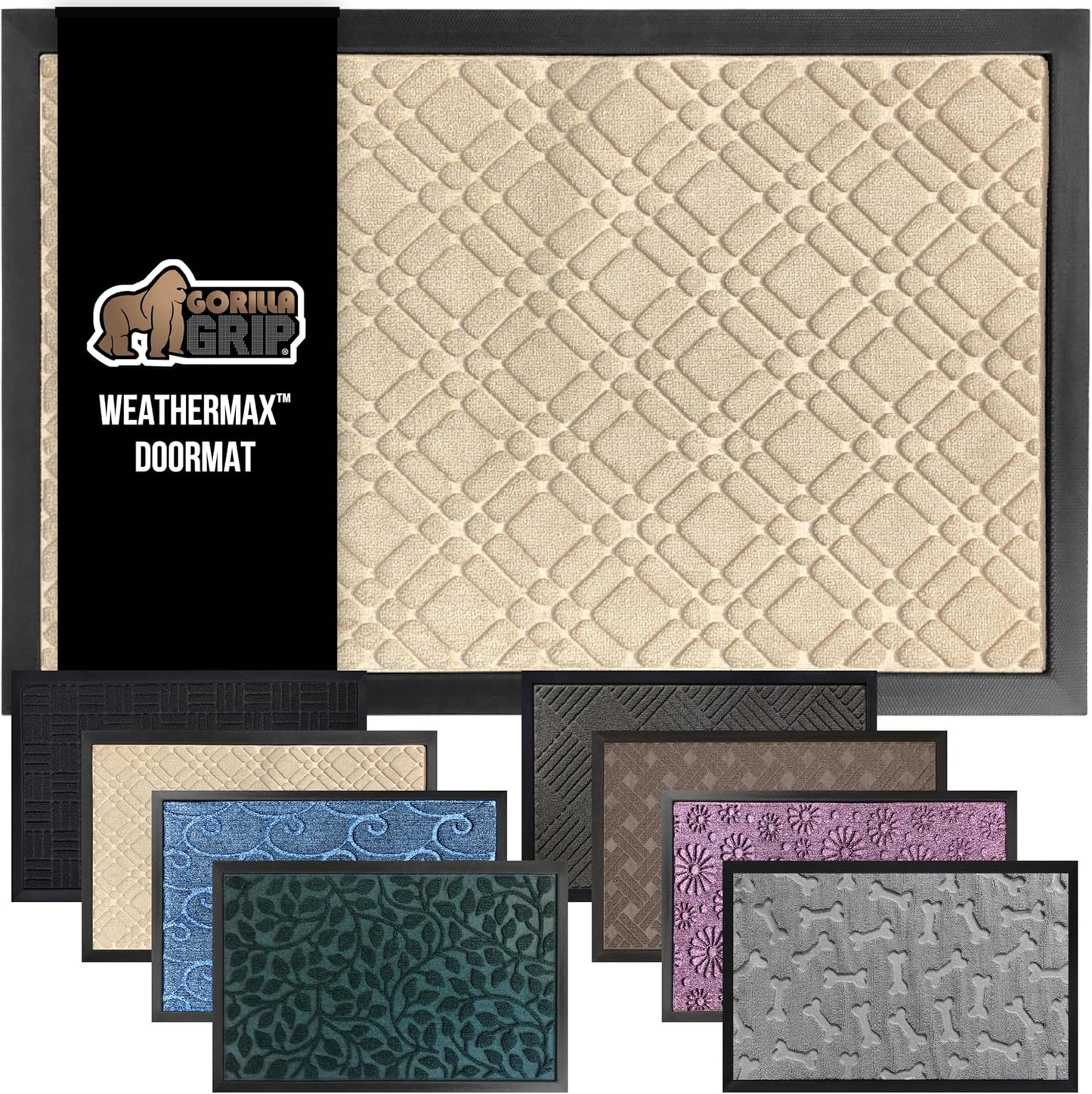 GORILLA GRIP 100% Waterproof All-Season WeatherMax Doormat 35x23, US Designed Natural Rubber, Stain and Fade Resistant, Low Profile Indoor Outdoor Door Mats, Easy Clean Patio Mat, Modern Latte
