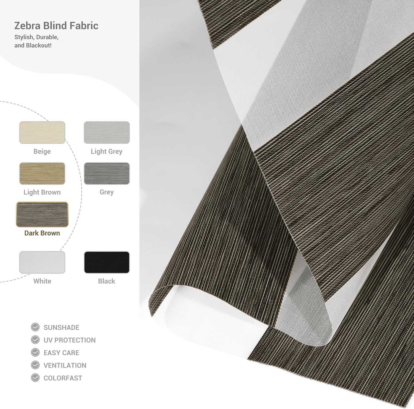 Cordless Zebra Blinds for Windows, Blackout Interior Blinds,Easy to Install,UV Protection,for Offices and Home,Custom Roller Shades, Mousse Dark Bown,86" W x 80" H