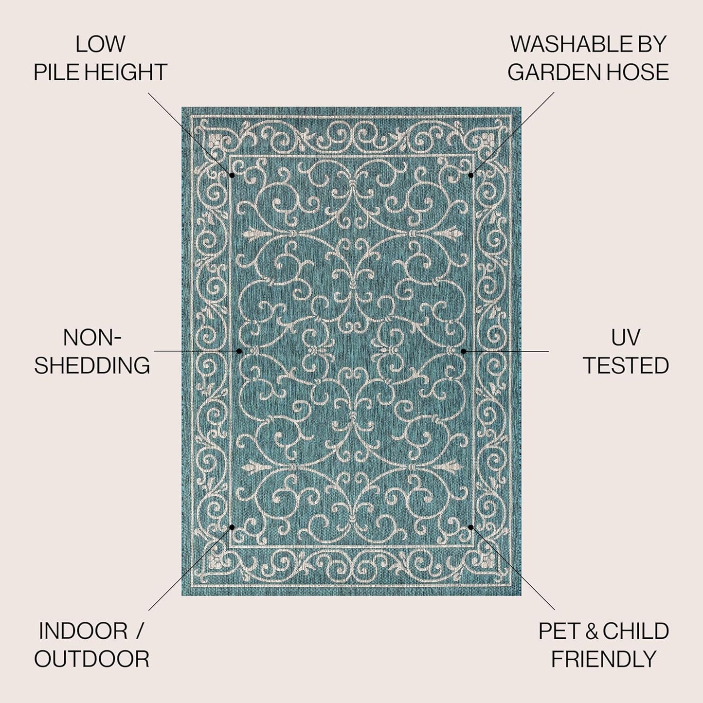 JONATHAN Y Vintage Filigree Indoor Outdoor Square Area Rug 5X5 Teal/Gray, Charleston Textured Weave for Backyard, Patio, Porch, Easy-Cleaning, High Traffic, Pet-Friendly, Non-Shedding (SMB106F-5SQ)