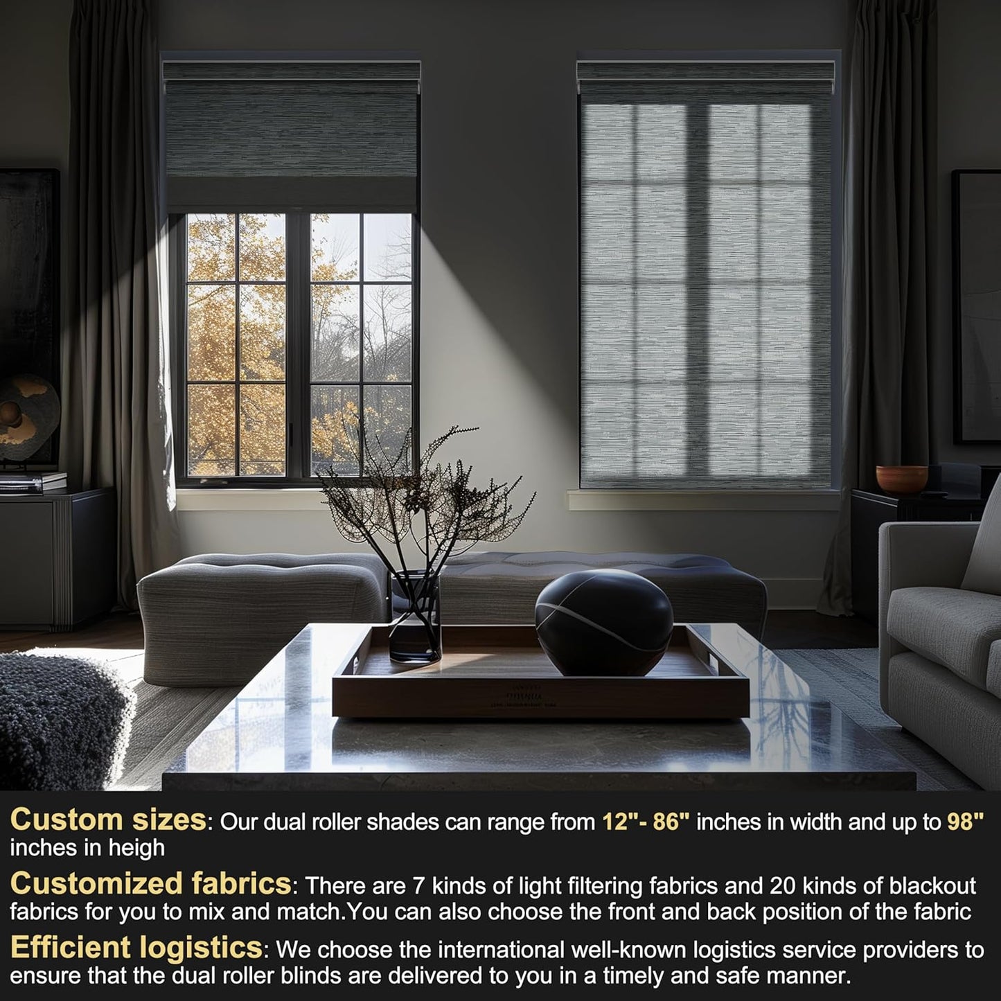 BERISSA Cordless Dual Roller Shades with Cassette Valance,Double Window Shades Blackout and Light Filtering Shades,Day and Night Roller Shades for Home Office Door.Striped Jacquard Grey.62 W x 48" H