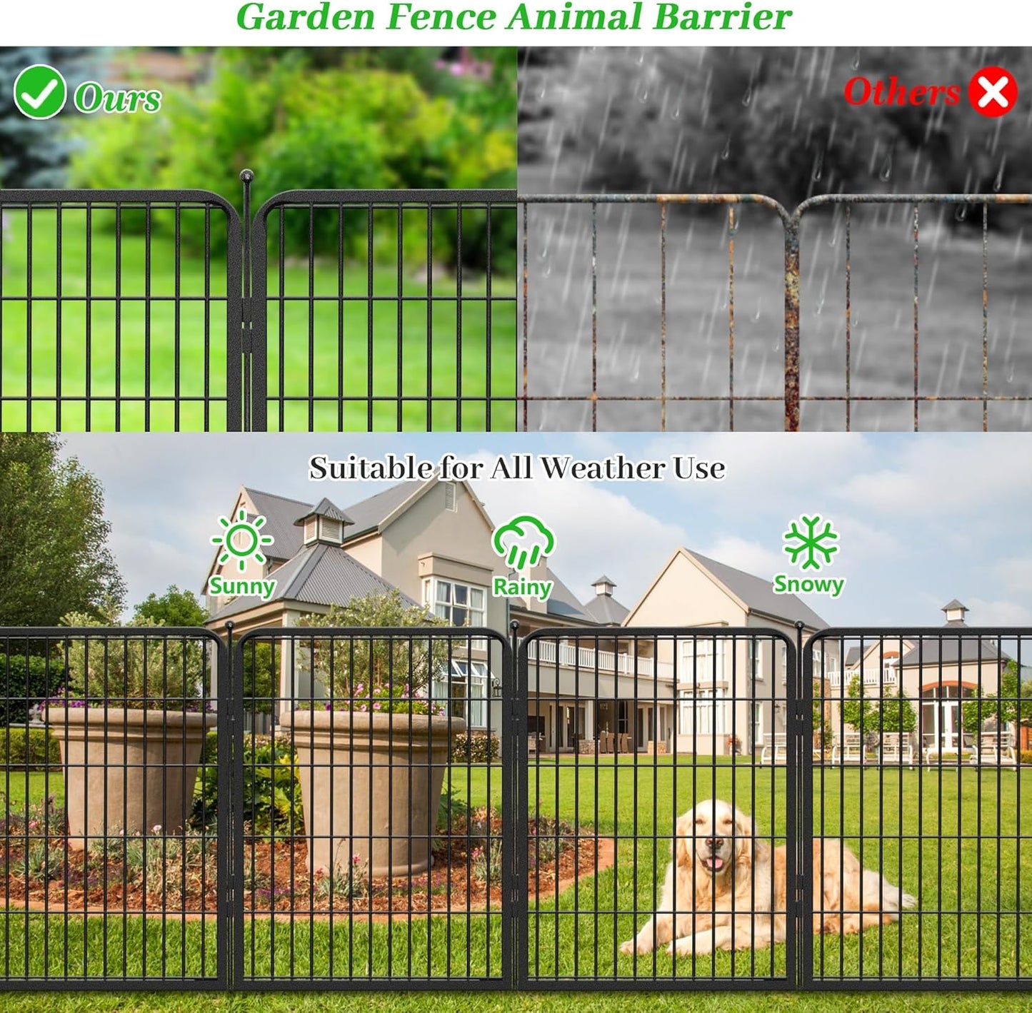 Decorative Black Metal Fencing Garden Fence with Gate, 91ft(L) 32in(H) 40 Fence Panels No Dig Fence Rustproof Animal Barrier Fence Temporary Dog Panels Fencing Outdoor