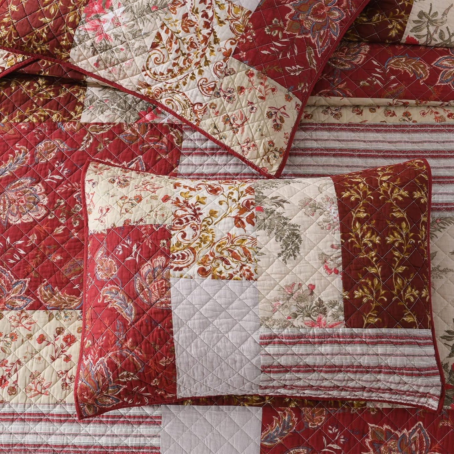 Yvooxny Quilt Set Queen Bedspread Country Farmhouse Cottage Vintage Ditsy Floral Paisley Style Reversible Lightweight Coverlet Set Real Patchwork Quilt for All Seasons, Antique Rose, Queen Size