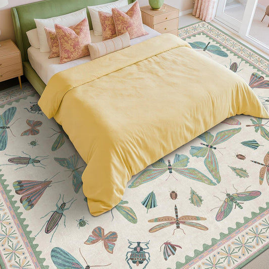 Green Butterfly Rugs for Girls Bedroom - 8x10 Floral Area Rug for Living Room, Dining Room Under Kichen Table, Washable Lightweight Insect Print Large Carpet Indoor