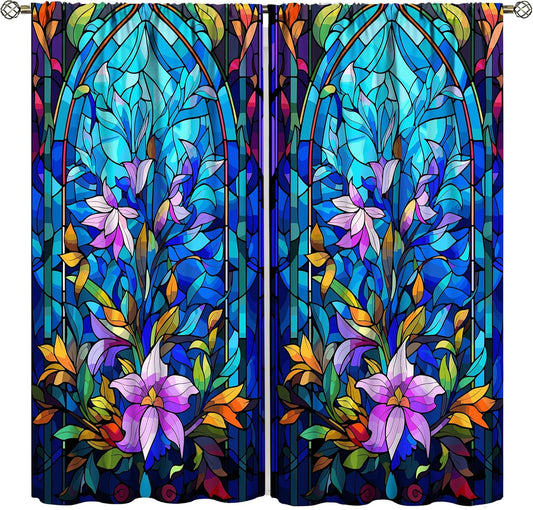 Stained Glass Curtains,Abstract Colorful Floral Geometric Art Home Decor Drapes for Bedroom Living Room Kitchen Window Treatment 2 Panels Set Total Size 63" W X 63" L Inch