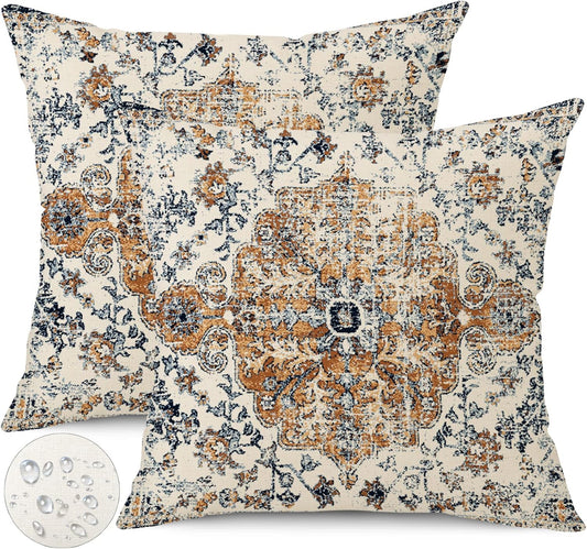Outdoor Waterproof Pillow Set of 2 - 20x20 Inch Bohemian Vintage Carpet Pattern Pillow Covers - Gold Blue Ethnic Design - Decorative for Couch, Garden, Balcony