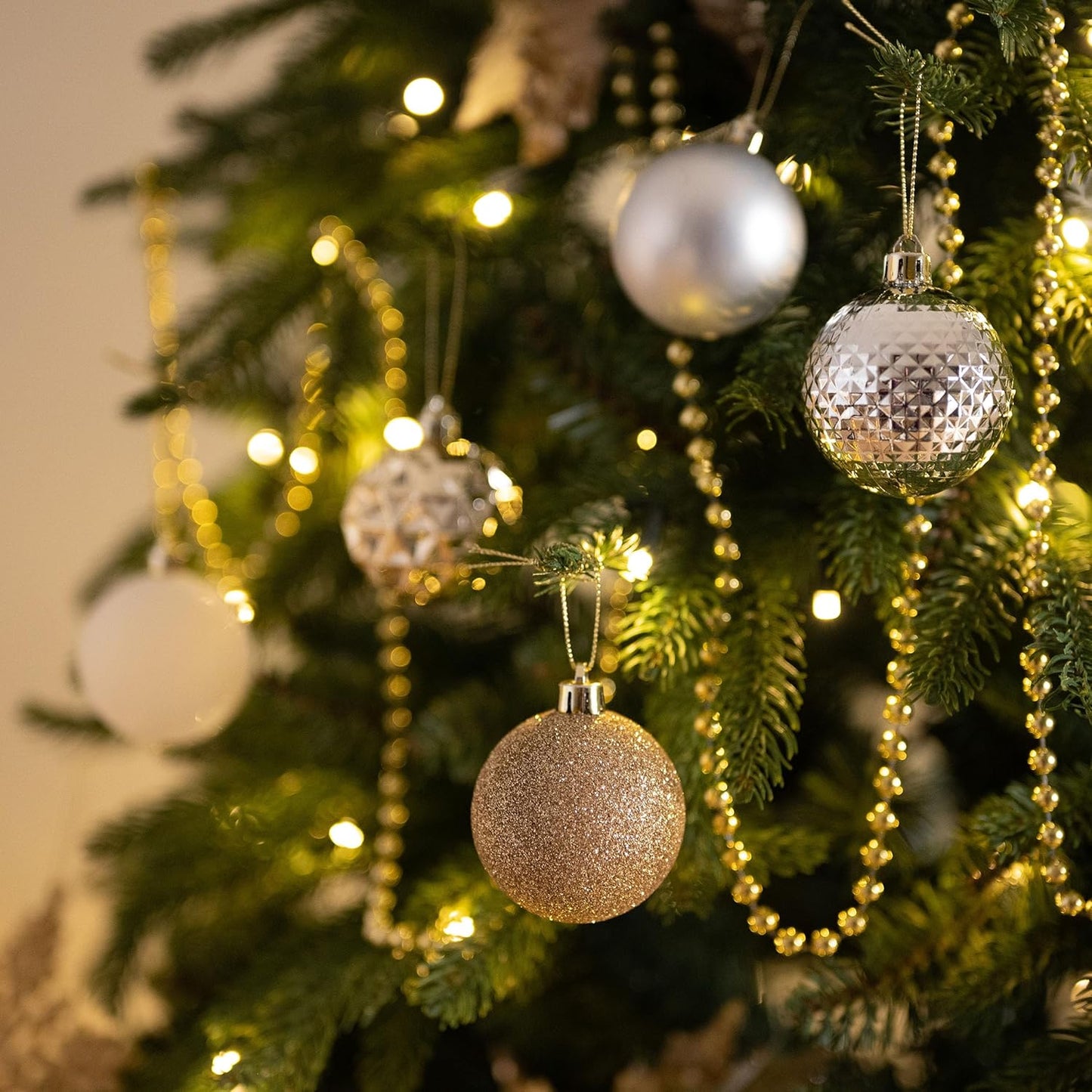 Valery Madelyn Christmas Tree Decorations Ornament Set for Fall Halloween, 50ct 2.36 Inches White and Gold Shatterproof Christmas Ball Ornaments Hanging Xmas Holiday Party Decor