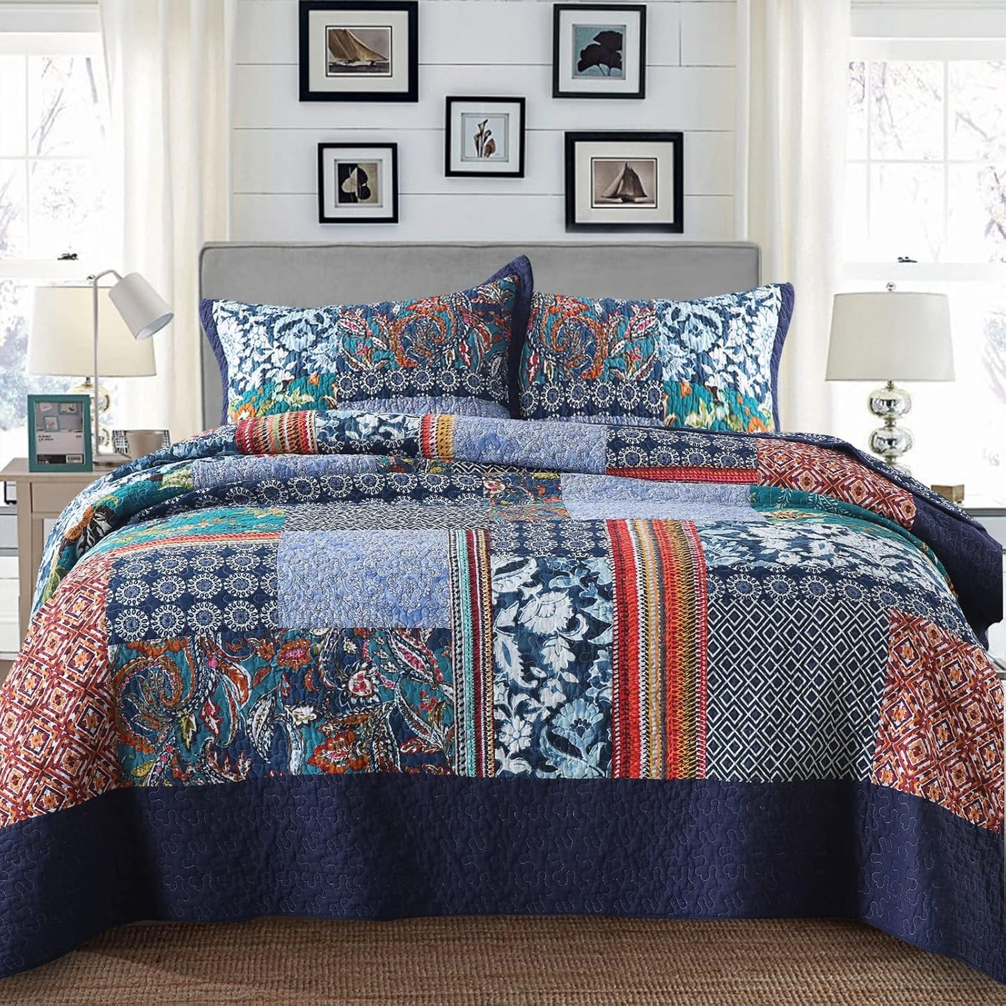 Yvooxny Queen Quilt Set Reversible Lightweight Bohemian Paisley Patchwork Cotton Quilted Bedspread Coverlet Set 3-Piece Bedding Set with Shams for All Seasons, Queen Size, 98 * 90 Inches