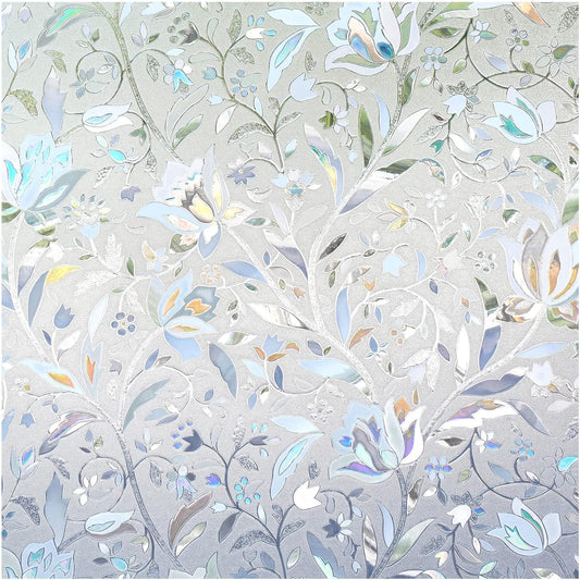 DOWELL Window Privacy Film, 3D Stained Glass Rainbow Films, Decorative Window Vinyl Sun Blocker Door Covering, Static Cling Non-Adhesive Glass Sticker for Home, Blooming Flowers, 35.4"x118"