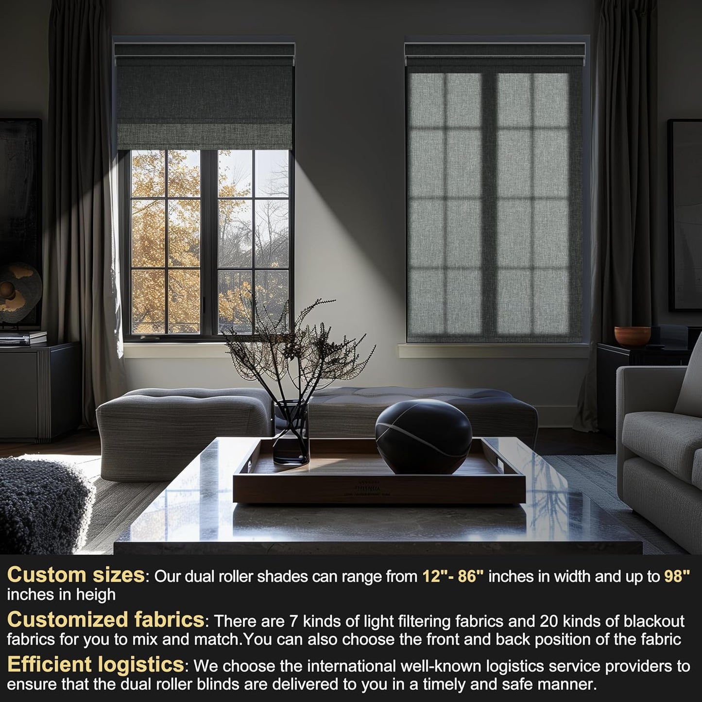 BERISSA Cordless Dual Roller Shades with Cassette Valance,Double Window Shades Blackout and Light Filtering Shades,Day and Night Roller Shades for Home Office Door.Linen Grey.60 W x 64" H