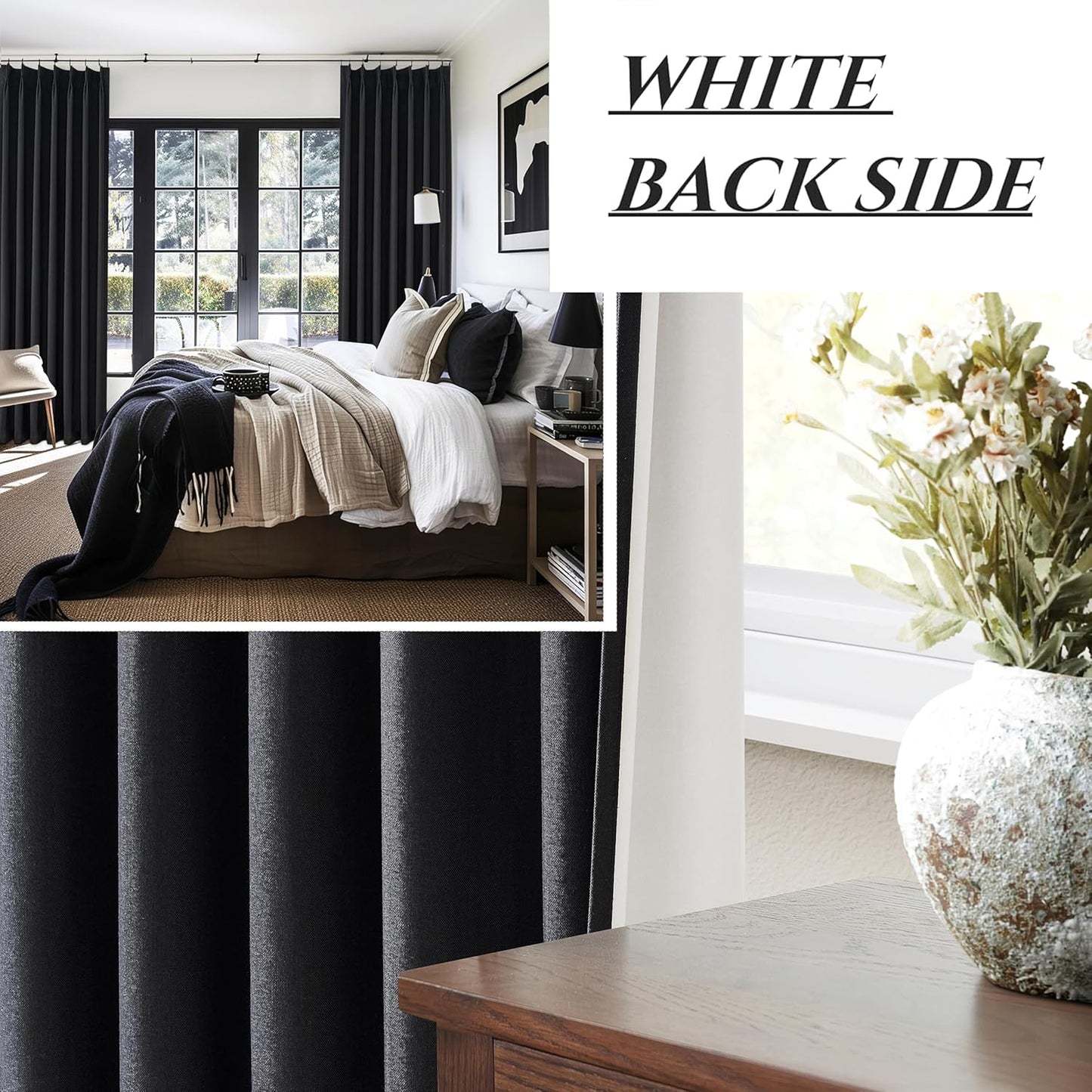 Custom Black Room Darkening Curtains for Bedroom, Lush Decor Heavy 105 Inch Curtains Blackout Pinch Pleated Linen Blend Drapes 2 Panels Set Thermal Privacy for 104-106 Inches Large Window