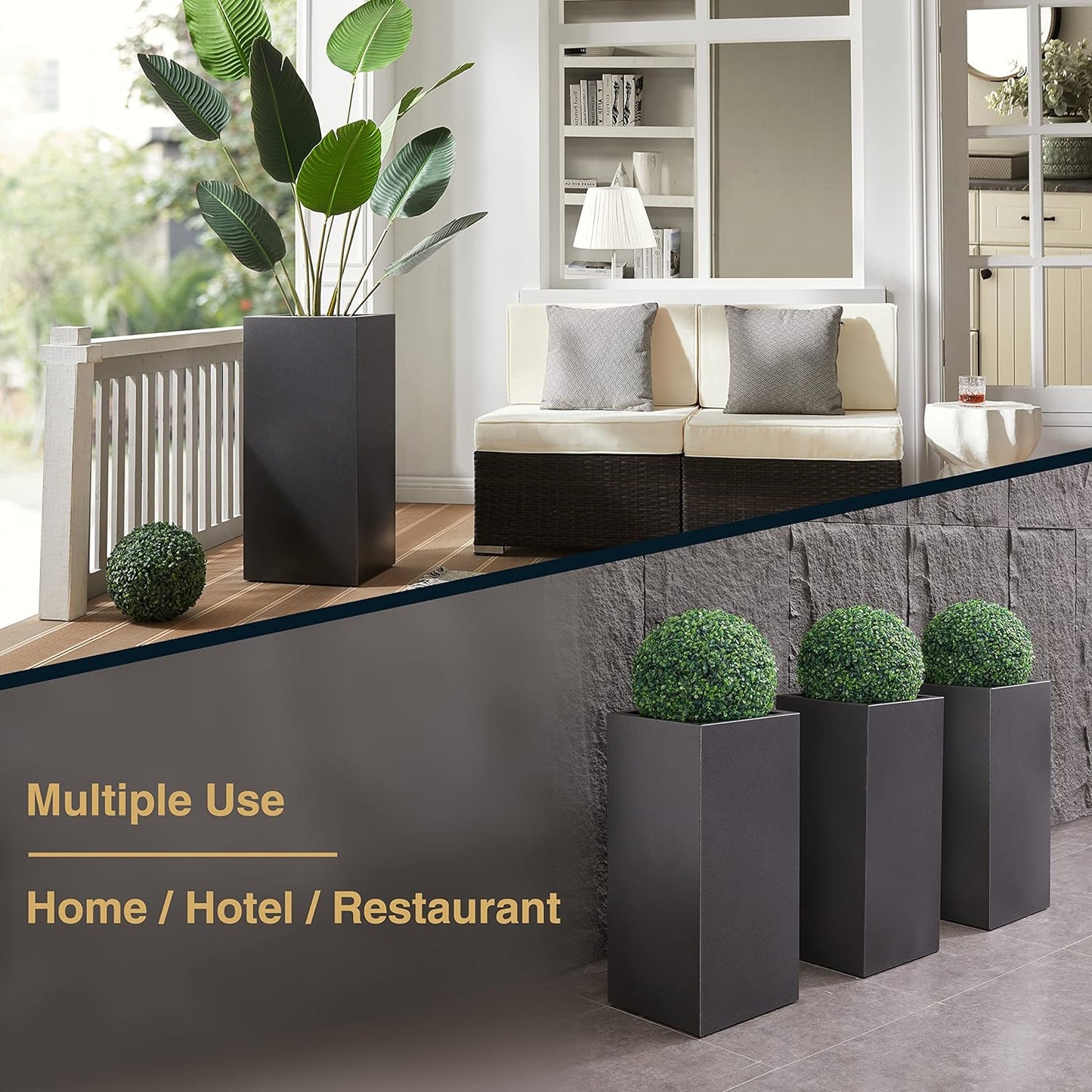 Metallic Heavy Tall Outdoor/Indoor Planter Box, Seamless Metal Planter, Rectangular, 14”Lx14”Wx30”H, 25 Pounds, Dark Gray, No Assembly, 1 Pack