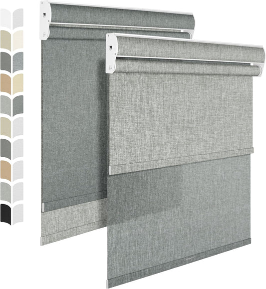 BERISSA Cordless Dual Roller Shades with Cassette Valance, Double Window Shades - Blackout and Light Filtering, Day and Night for Home Office Door. Linen Grey. 67 W x 36" H