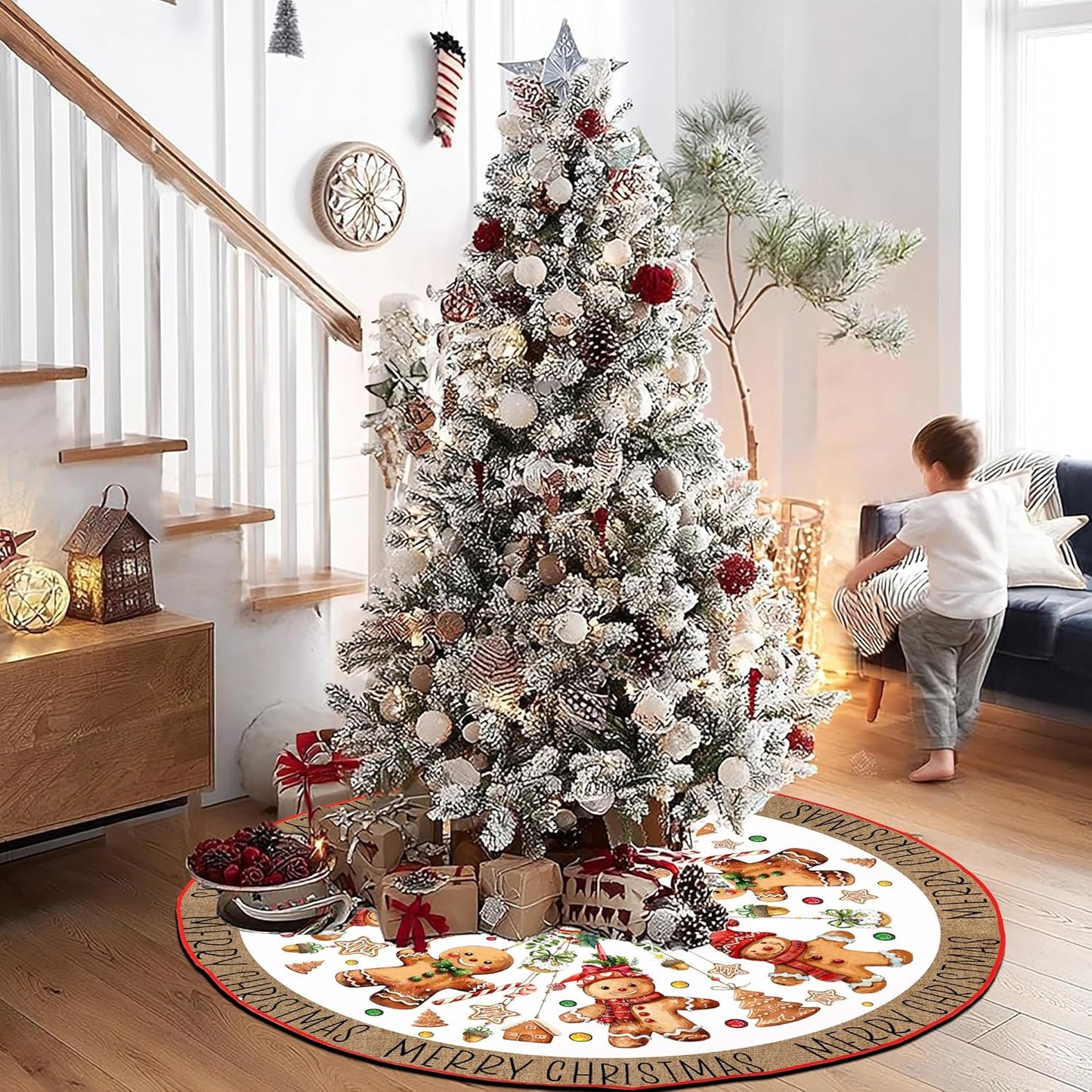 Baccessor Christmas Tree Skirt 36 Inch, Merry Christmas Cute Gingerbread Man Christmas Tree Skirt Collar for Xmas Winter Holiday Farmhouse Vintage Rustic Party Decoration