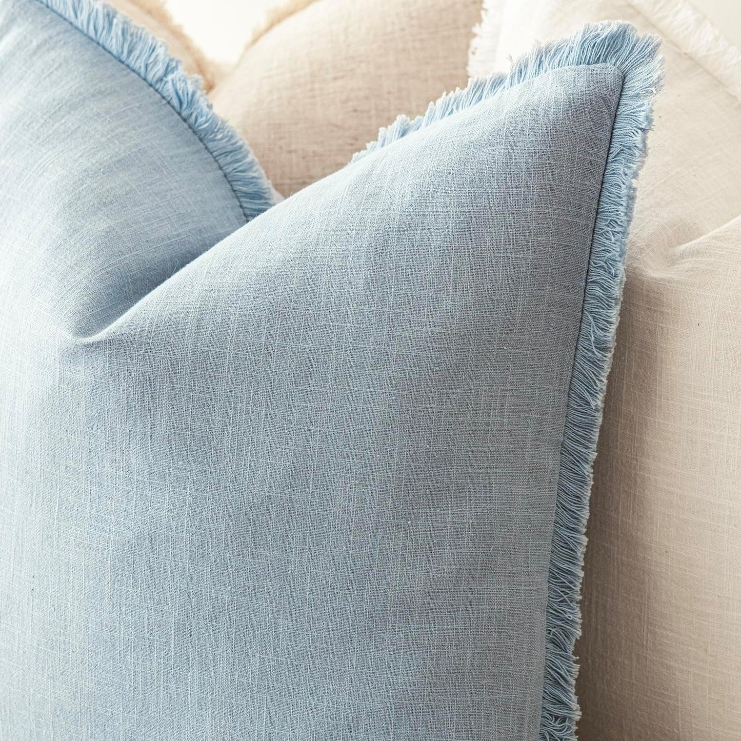 Foindtower Set of 2 Decorative Linen Fringe Throw Pillow Covers Boho Farmhouse Cushion Cover with Tassels Soft Accent Pillowcase for Couch Chair Sofa Bed Living Room Home Decor,20×20 Inch,Sky Blue