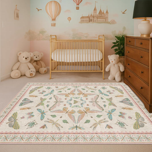 Neutral Girl Nursery Rug 4x6 - Beige & Pink Rugs for Bedroom, Living Room - Washable Low Pile Non-Slip Charming Insect Print Vintage Girly Design, Perfect for Kids Rooms