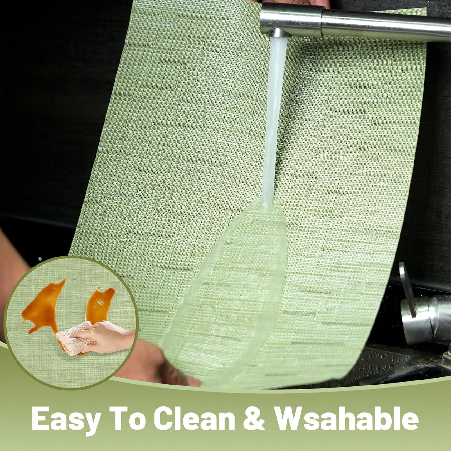 Placemats Set of 12，Non-Slip PVC Weave Table Mats Easy to Clean，Heat Resistant Place Mats for Kitchen Dining Table Decoration Indoor Outdoor，Pea Green