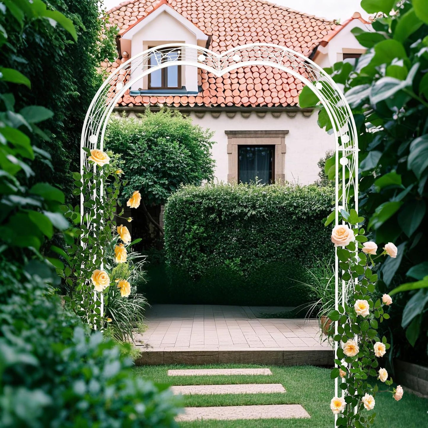 Metal Garden Arch 98.4" H Garden Arbor Trellis for Outdoor Climbing Plants Support Rose Lawn Tall Large Scale Event Arch(L, Cream White)