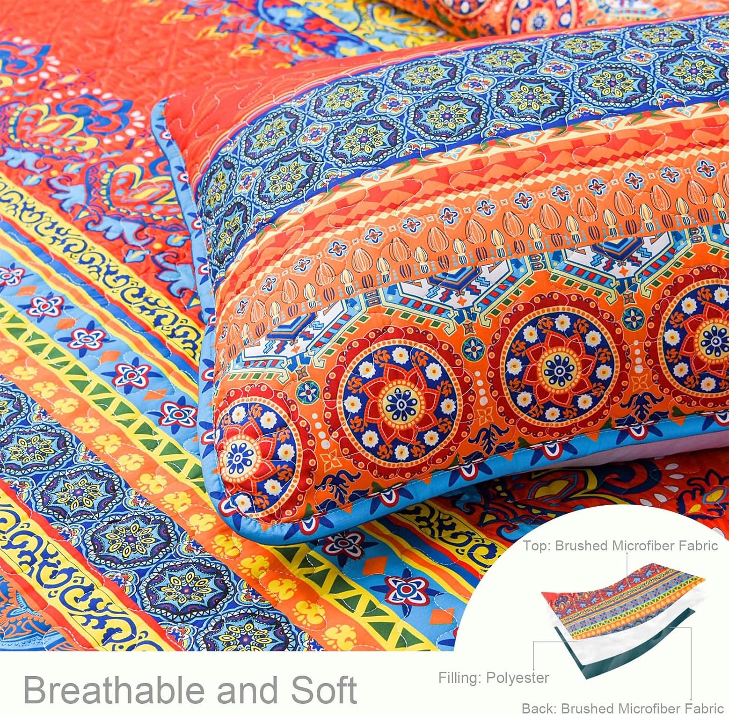 Exclusivo Mezcla Reversible Boho Quilt Set Queen Size, 3 Pieces Bohemian Blue All Season Bedspreads, Ultra Soft Floral Coverlet Bedding Set with Printed Pattern (1 Quilt, 2 Pillow Shams)