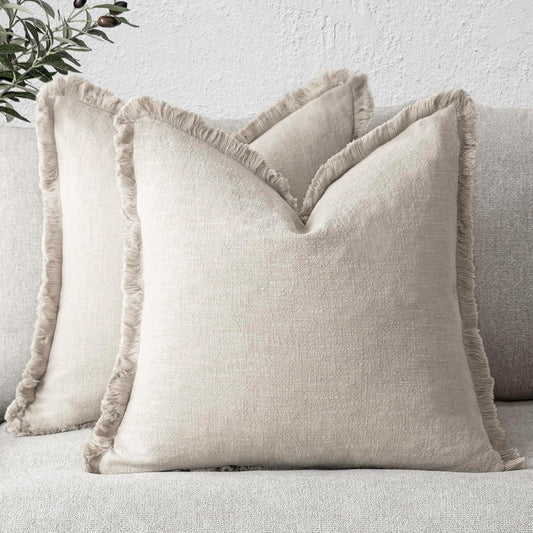 Foindtower Set of 2 Decorative Linen Fringe Throw Pillow Covers Cozy Boho Farmhouse Cushion Cover with Tassels Soft Accent Pillowcase for Couch Chair Sofa Bed Living Room Home Decor,18×18 Inch,Beige