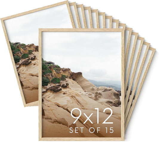 Haus and Hues 9x12 Natural Oak Wood Picture Frames Set of 15 - Premium Bulk Picture Frames 9x12 Bundle - Elegant Gallery Wall Frame Set for Posters, Art Display - Ideal for Wall Decor in Home & Office