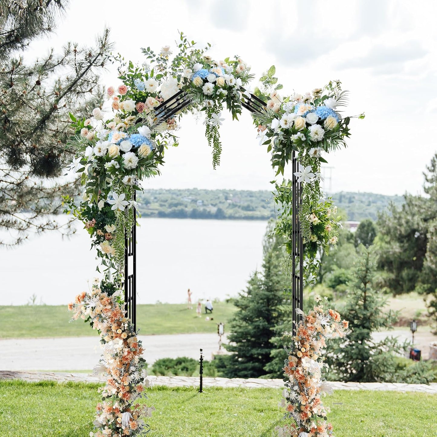 Metal Garden Arch Arbor Trellis Climbing Plants Outdoor Black Flat Top or Arch, Adjustable Width W42.52''~W78.15'', for Lawn Wedding Party Archway
