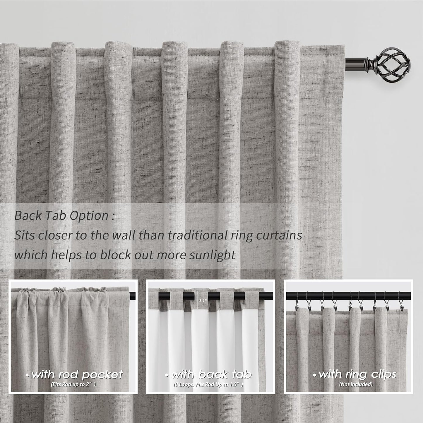 Silver Gray Linen 100% Blackout Curtains for Bedroom 102 Inch Long 2 Panels Window Curtain Floor To Ceiling Length for Living Room Sliding Glass Door Back Tab Linen Room Darkening Drapes 52x102