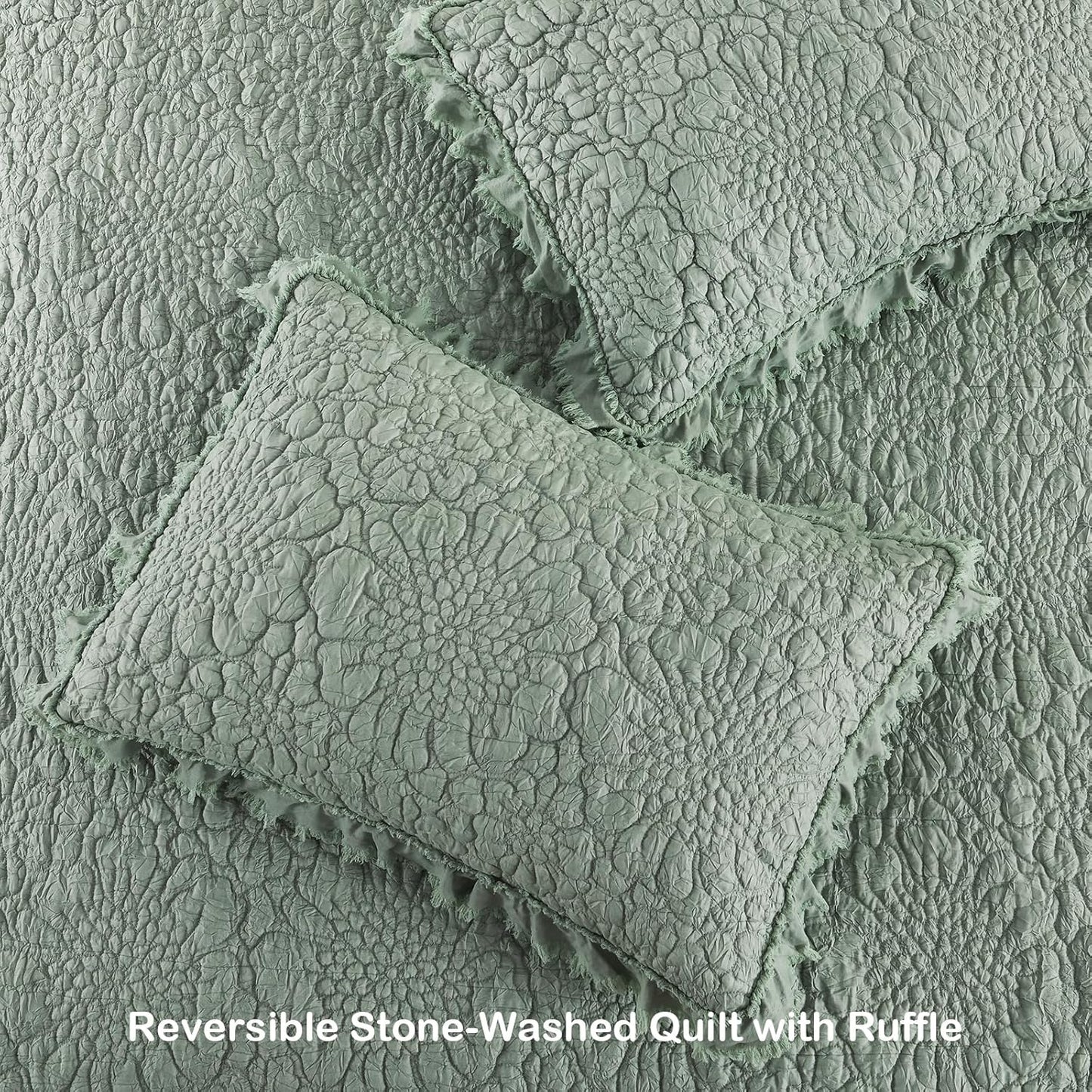 HORIMOTE HOME Sage Green Ruffled Quilt Queen Size, Stone-Washed Microfiber Lightweight Crinkled Farmhouse Rustic Shabby Chic Bedding Set, 3 Pieces Reversible Bedspread with Pillow Shams for All Season
