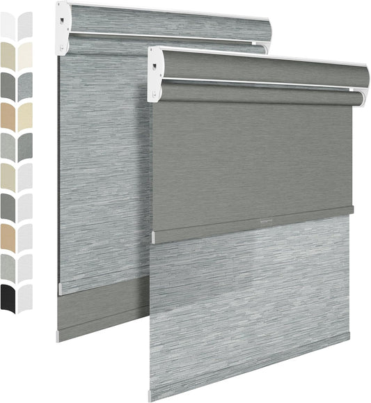 BERISSA Cordless Dual Roller Shades with Cassette Valance, Double Window Shades - Blackout and Light Filtering, Day and Night for Home Office Door. Striped Jacquard Grey. 60 W x 36" H