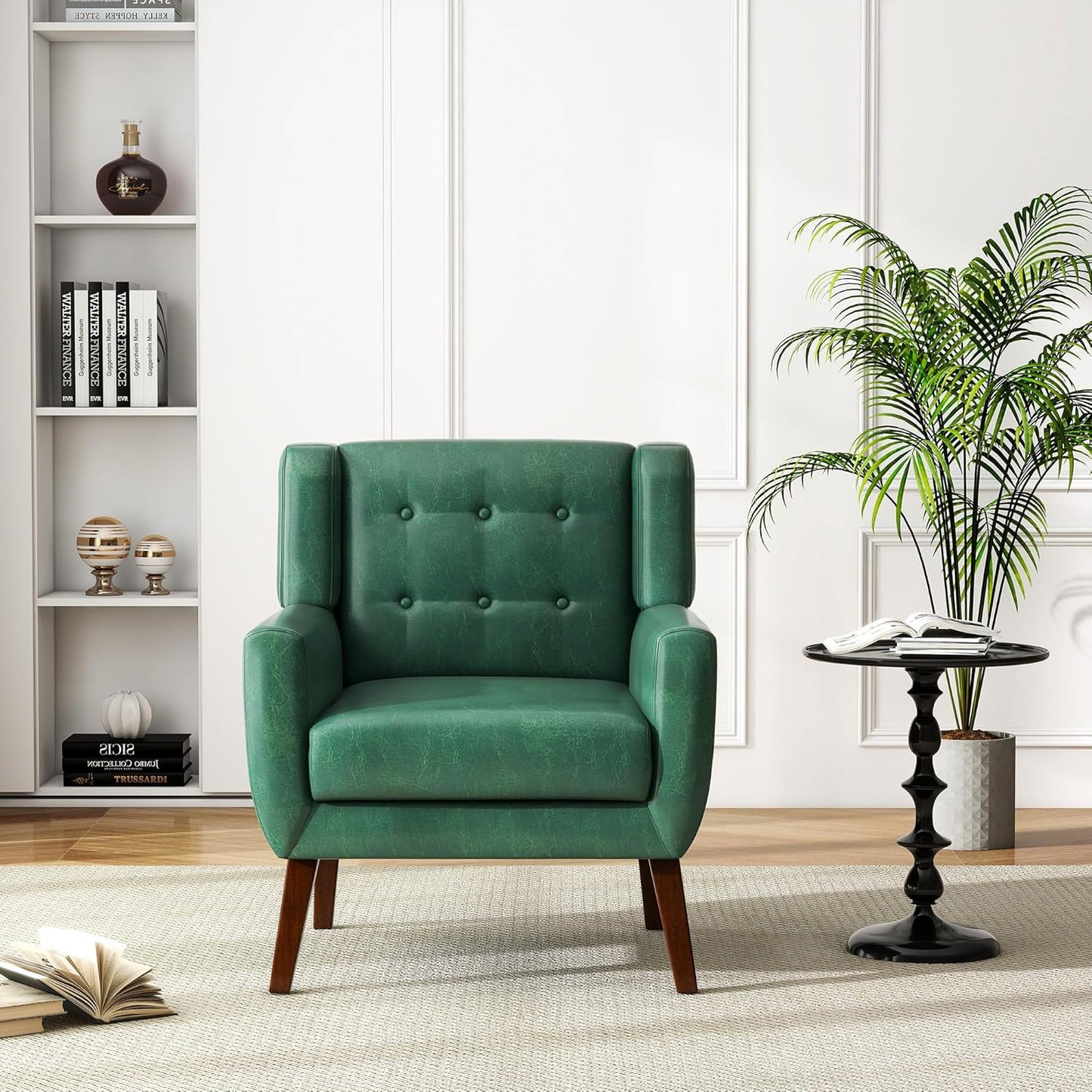 UIXE Faux Leather Accent Chairs Set of 4, Modern Arm Club Chair Upholstered Armchair for Living Room, Comfy Single Sofa Seats Button Tufted Reading Seating, Green