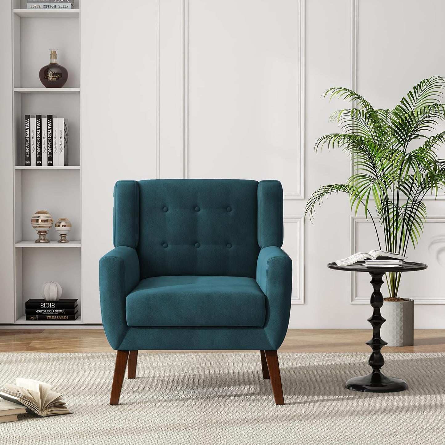 UIXE Accent Chair, Velvet Upholstered Armchair for Living Room, Modern Club Arm Chairs Comfy Single Sofa Button Tufted Bedroom Reading Seat - Blue, Set of 4