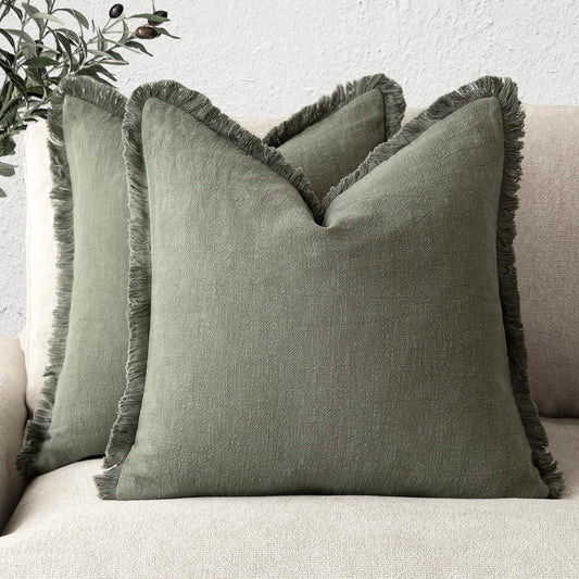 Foindtower Set of 2 Decorative Linen Fringe Throw Pillow Covers Cozy Boho Farmhouse Cushion Cover with Tassels Soft Accent Pillowcase for Couch Sofa Bed Living Room Home Decor, 26×26 Inch, Olive Green